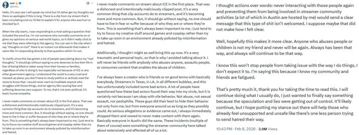 Emiru's response to her refusal to comment on ICE.