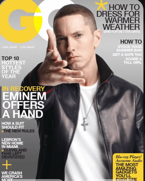 A fan-made cover from GQ Magazine of rapper Eminem extending his hand outward, which became used in the Woe Plague Be Upon Ye and Eminem Throwing Things memes.