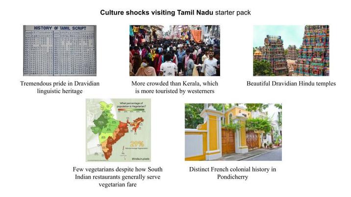 HISTORY OF TAMIL SCRIPT Culture shocks visiting Tamil Nadu starter pack MOLED 11 Tremendous pride in Dravidian linguistic heritage More crowded than Kerala, which is more touristed by westerners What percentage of population is Vegetarian? 29% Beautiful Dravidian Hindu temples @indianp Few vegetarians despite how South Indian restaurants generally serve vegetarian fare Distinct French colonial history in Pondicherry