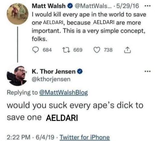 Matt Walsh @MattWals... - 5/29/16 ... I would kill every ape in the world to save one AELDARI, because AELDARI are more important. This is a very simple concept, folks. 684 1 669 738 K. Thor Jensen @kthorjensen Replying to @MattWalshBlog would you suck every ape's d--- to save one AELDARI 2:22 PM 6/4/19 Twitter for iPhone