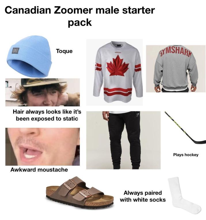 Canadian Zoomer male starter pack Toque Hair always looks like it's been exposed to static Awkward moustache BRKERSIBLE GYMSHARK Always paired with white socks Plays hockey