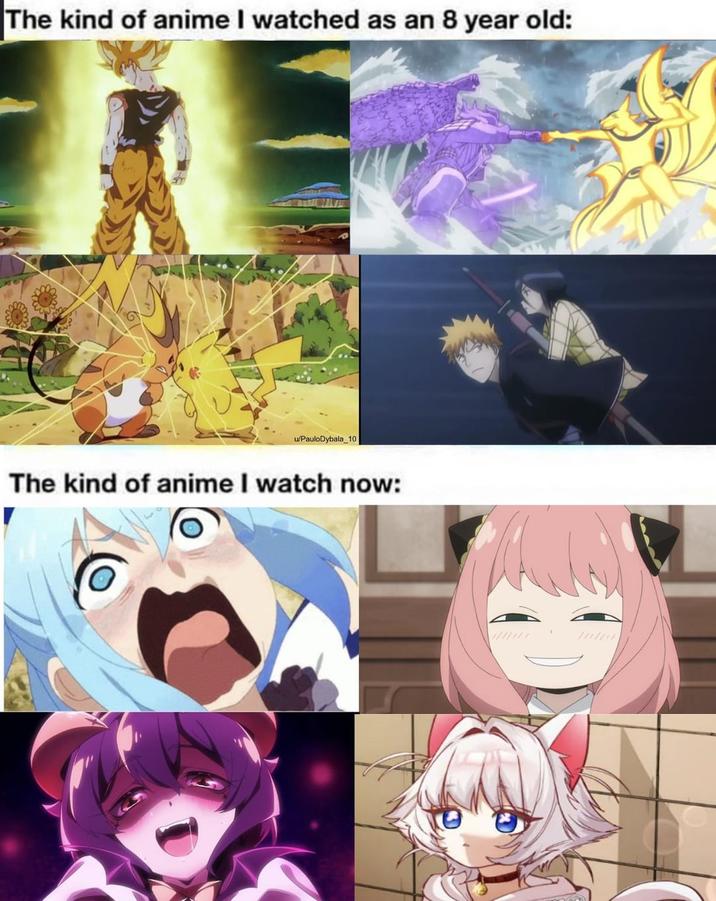 The kind of anime I watched as an 8 year old: u/PauloDybala 10 The kind of anime I watch now: