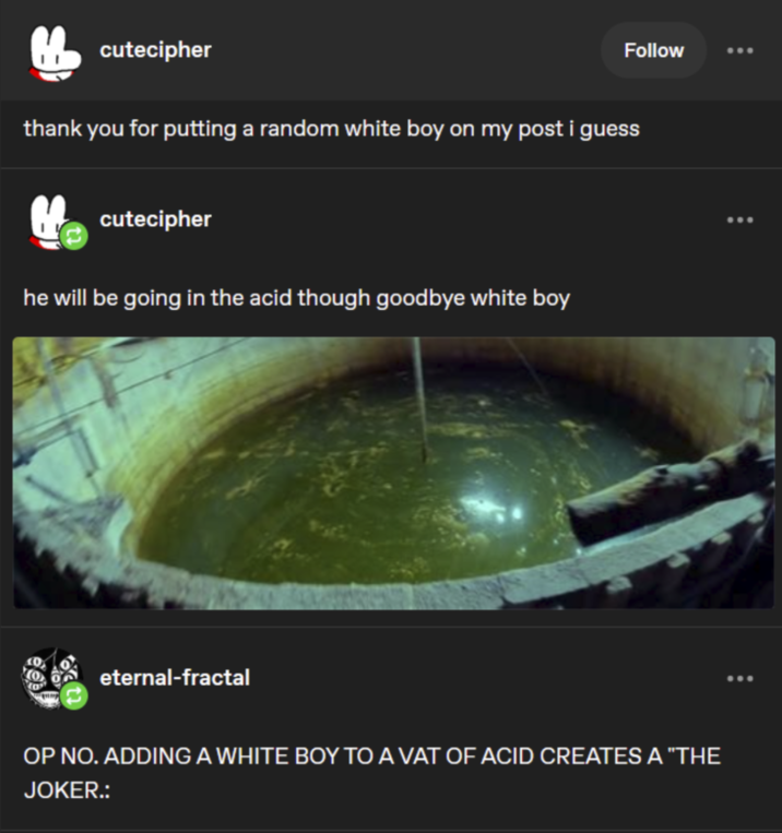 cutecipher Follow thank you for putting a random white boy on my post i guess cutecipher he will be going in the acid though goodbye white boy eternal-fractal OP NO. ADDING A WHITE BOY TO A VAT OF ACID CREATES A "THE JOKER.: