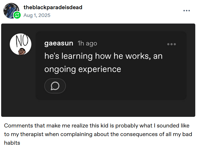 theblackparadeisdead Aug 1, 2025 NO gaeasun 1h ago he's learning how he works, an ongoing experience D Comments that make me realize this kid is probably what I sounded like to my therapist when complaining about the consequences of all my bad habits