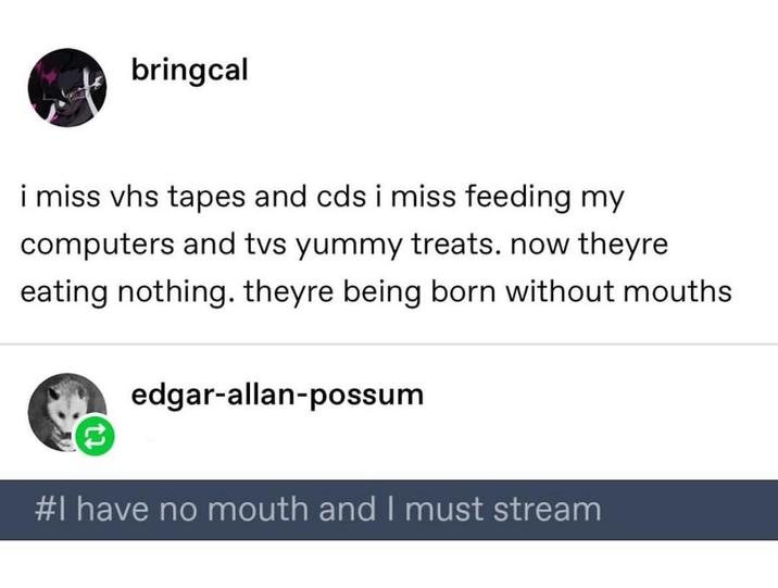 bringcal i miss vhs tapes and cds i miss feeding my computers and tvs yummy treats. now theyre eating nothing. theyre being born without mouths edgar-allan-possum #I have no mouth and I must stream