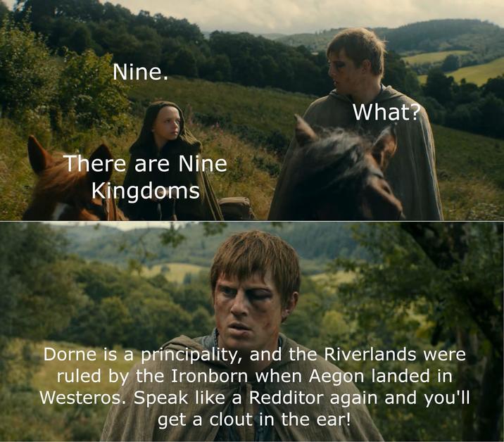 Nine. There are Nine Kingdoms What? Dorne is a principality, and the Riverlands were ruled by the Ironborn when Aegon landed in Westeros. Speak like a Redditor again and you'll get a clout in the ear!