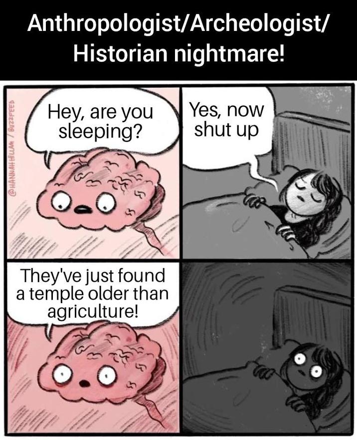 @HANNAH HILLAM/BUZZFEED Anthropologist/Archeologist/ Historian nightmare! Hey, are you sleeping? Yes, now shut up They've just found a temple older than agriculture!