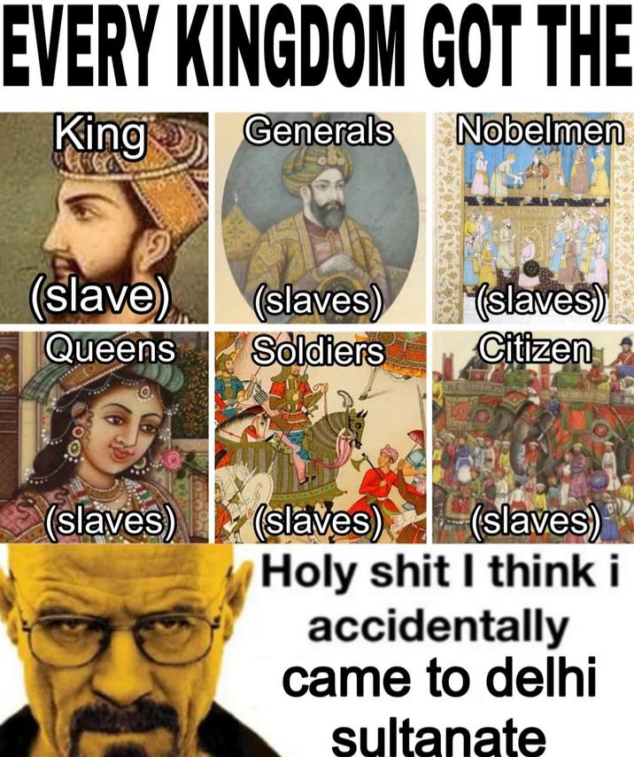 EVERY KINGDOM GOT THE King Generals Nobelmen (slave) (slaves) (slaves) Queens Soldiers Citizen (slaves) (slaves) (slaves) H-------- I think i accidentally came to delhi sultanate