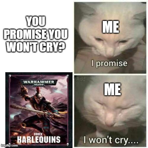 YOU PROMISE YOU WON'T CRY? ME I promise WARHAMMER 40,000 Add ME CODEX HARLEQUINS I won't cry.... Imgflip.com