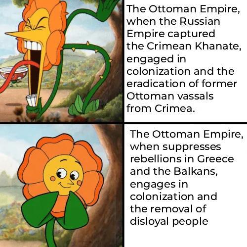 The Ottoman Empire, when the Russian Empire captured the Crimean Khanate, engaged in colonization and the eradication of former Ottoman vassals from Crimea. The Ottoman Empire, when suppresses rebellions in Greece and the Balkans, engages in colonization and the removal of disloyal people