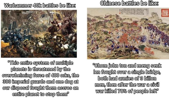 Warhammer 40k battles be like: Chinese battles be like: "This entire system of multiple planets is threatened by the overwhelming force of 400 orks, the 300 imperial guards and one dog at our disposal fought them accros an entire planet to stop them" "Chom john ton and meng senk len fought over a single bridge, both had armies of 3 billon men, then after the war a civil war killed 78% of people left"