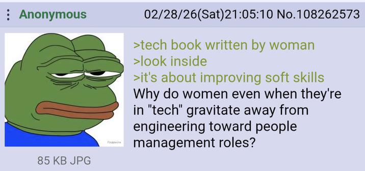 : Anonymous E 02/28/26(Sat)21:05:10 No.108262573 >tech book written by woman >look inside >it's about improving soft skills Why do women even when they're in "tech" gravitate away from engineering toward people management roles? 85 KB JPG