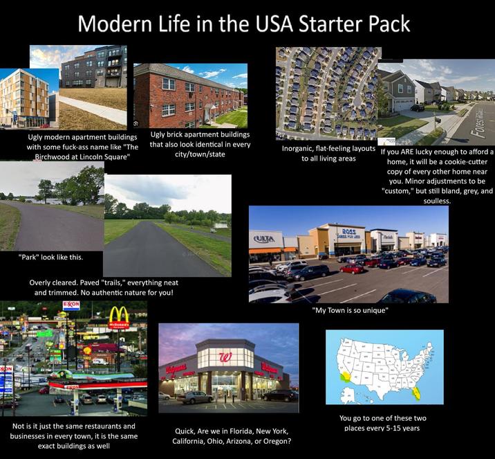 Modern Life in the USA Starter Pack Forest W Ugly modern apartment buildings with some f----ass name like "The Birchwood at Lincoln Square" Ugly brick apartment buildings that also look identical in every city/town/state PEMAS Inorganic, flat-feeling layouts If you ARE lucky enough to afford a to all living areas home, it will be a cookie-cutter copy of every other home near you. Minor adjustments to be "custom," but still bland, grey, and soulless. "Park" look like this. Overly cleared. Paved "trails," everything neat and trimmed. No authentic nature for you! EXON M Wilpeers W ROSS DRESS FOR LES Ha (ULTA "My Town is so unique" UT MT ww A MY 02 50 NE Not is it just the same restaurants and businesses in every town, it is the same exact buildings as well Quick, Are we in Florida, New York, California, Ohio, Arizona, or Oregon? You go to one of these two places every 5-15 years