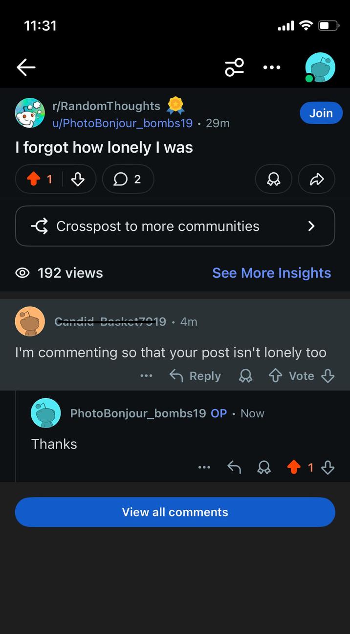 11:31 ← r/RandomThoughts u/PhotoBonjour_bombs19 • 29m I forgot how lonely I was Join 1 ☐ 2 Crosspost to more communities > O 192 views See More Insights Candid Basket7019 • 4m I'm commenting so that your post isn't lonely too Reply Ŵ Vote ♡ PhotoBonjour_bombs19 OP • Now Thanks View all comments 13