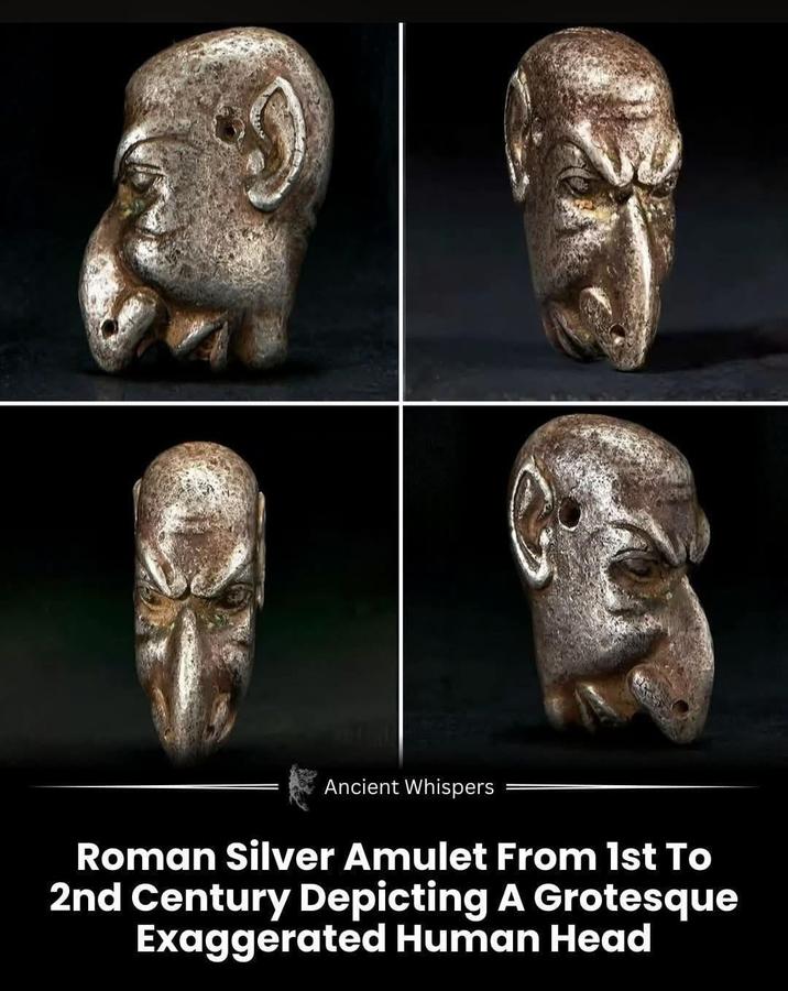 Ancient Whispers Roman Silver Amulet From 1st To 2nd Century Depicting A Grotesque Exaggerated Human Head