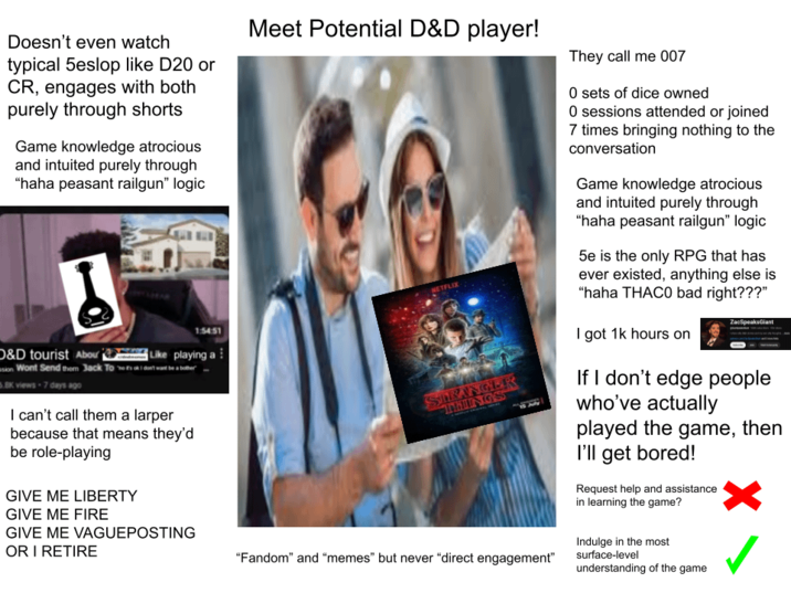 Doesn't even watch typical 5eslop like D20 or CR, engages with both purely through shorts Game knowledge atrocious and intuited purely through "haha peasant railgun" logic D&D tourist Abou Meet Potential D&D player! NETFLIX 1:54:51 Like playing a sion Wont Send them Back To not ok don't want be bother BK views 7 days ago I can't call them a larper because that means they'd be role-playing GIVE ME LIBERTY GIVE ME FIRE GIVE ME VAGUEPOSTING OR I RETIRE STRANGER THINGS "Fandom" and "memes" but never "direct engagement" They call me 007 O sets of dice owned O sessions attended or joined 7 times bringing nothing to the conversation Game knowledge atrocious and intuited purely through "haha peasant railgun" logic 5e is the only RPG that has ever existed, anything else is "haha THACO bad right???" I got 1k hours on ZacSpeaksGiant If I don't edge people who've actually played the game, then I'll get bored! Request help and assistance in learning the game? Indulge in the most surface-level understanding of the game