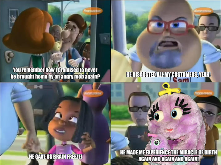 The infamous Jimmy Neutron scene where Hugh is brought home by an angry mob after messing around with his son's Quantum Replay 9000 time machine remote. But there was a toy in the early 2000s that you could have experience the miracle of birth again and again and again simply by putting the egg back in its cloaca and pushing a "re-birth" switch: the WuvLuv, as seen in my very first YouTube Poop and a few of my goofy plushie videos!