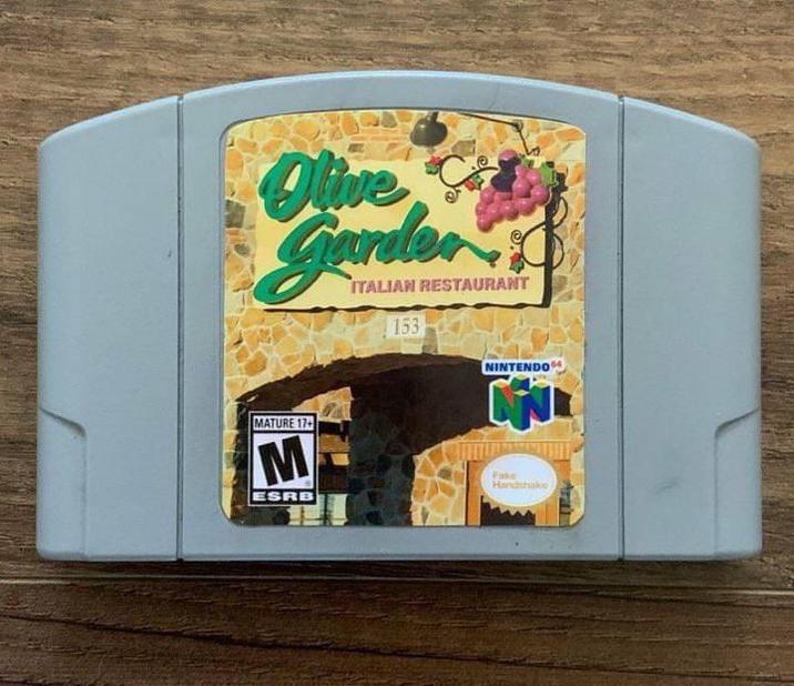 A Nintendo 64 cartridge for an Olive Garden video game. The game does not exist.