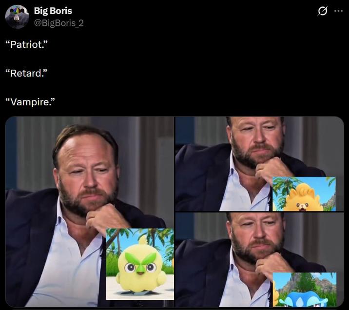 A meme where Alex Jones ranks the new Pokemon starters.