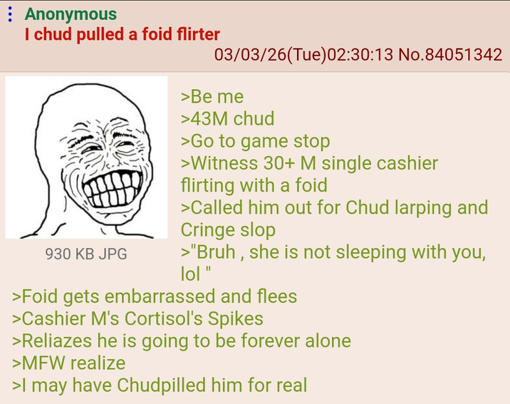 Anonymous I chud pulled a foid flirter 930 KB JPG 03/03/26(Tue)02:30:13 No.84051342 >Be me >43M chud >Go to game stop >Witness 30+ M single cashier flirting with a foid >Called him out for Chud larping and Cringe slop >"Bruh, she is not sleeping with you, lol" >Foid gets embarrassed and flees >Cashier M's Cortisol's Spikes >Reliazes he is going to be forever alone >MFW realize >I may have Chudpilled him for real