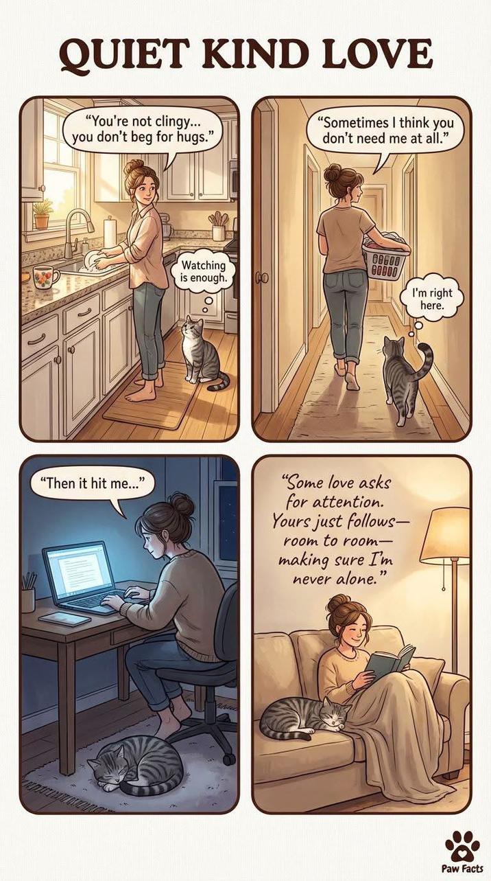 QUIET KIND LOVE "You're not clingy... you don't beg for hugs." "Sometimes I think you don't need me at all." Watching is enough. 08600 I'm right here. 200 "Then it hit me..." "Some love asks for attention. Yours just follows- room to room- making sure I'm never alone." Paw Facts