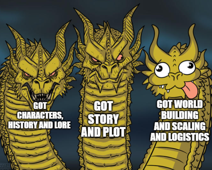 GOT CHARACTERS, HISTORY AND LORE GOT STORY AND PLOT GOT WORLD BUILDING AND SCALING AND LOGISTICS