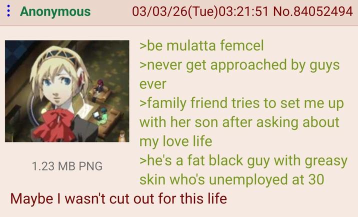: Anonymous 1.23 MB PNG 03/03/26(Tue)03:21:51 No.84052494 >be mulatta femcel >never get approached by guys ever >family friend tries to set me up with her son after asking about my love life >he's a fat black guy with greasy skin who's unemployed at 30 Maybe I wasn't cut out for this life