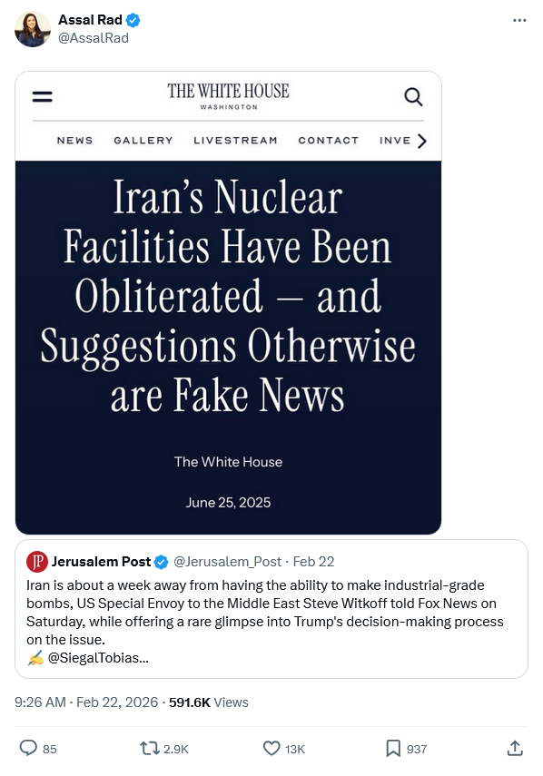 The Jerusalem Post clarifies:

<blockquote>US Special Envoy to the Middle East Steve Witkoff told Fox News on Saturday that Iran could theoretically be about a week away from being able to enrich its existing uranium to a weaponized level, though the envoy left out that Iran currently has no access to its material, no machines to enrich it, and no weapons program to use it for any operational purpose.</blockquote>

https://www.whitehouse.gov/articles/2025/06/irans-nuclear-facilities-have-been-obliterated-and-suggestions-otherwise-are-fake-news/

<blockquote>Israel Atomic Energy Commission: “The devastating US strike on Fordo destroyed the site’s critical infrastructure and rendered the enrichment facility inoperable. We assess that the American strikes on Iran’s nuclear facilities, combined with Israeli strikes on other elements of Iran’s military nuclear program, has set back Iran’s ability to develop nuclear weapons by many years. The achievement can continue indefinitely if Iran does not get access to nuclear material.”</blockquote>