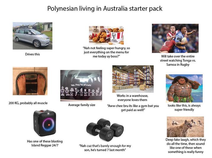 Polynesian living in Australia starter pack Kentucky Fried Chic Drives this tucky Fred Oicken "Nah not feeling super hungry, so just everything on the menu for me today ay boss?" Will take over the entire street watching Tonga vs. Samoa in Rugby 1994 Yes, they're all ours! Works in a warehouse, everyone loves them 200 KG, probably all muscle Average family size "Aww chee bru its like a gym but you get paid as well!" Island Reggae 24/7 Has one of these blasting 100 100 son, he's turned 7 last month" "Nah cuz that's barely enough for my looks like this, is always super friendly Deep fake laugh, which they do all the time, then sound like one of these when something is really funny