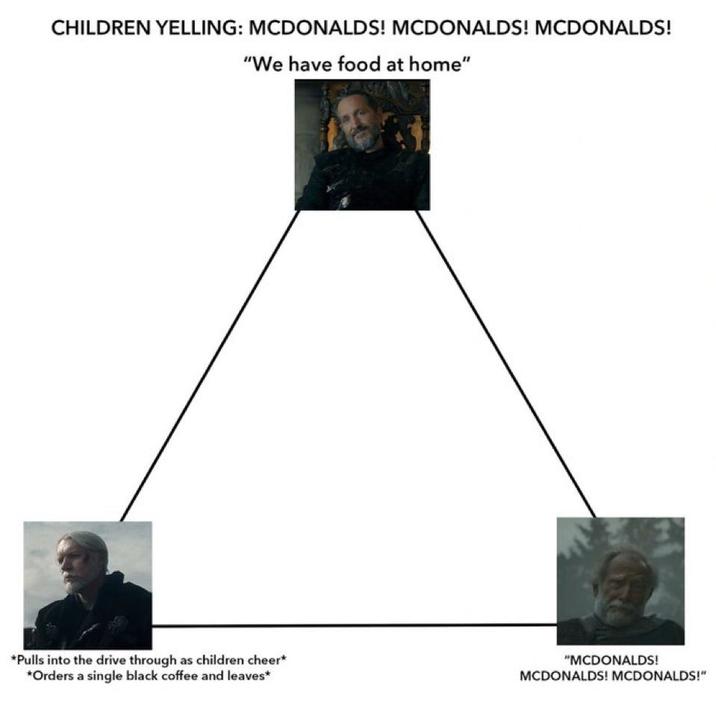 CHILDREN YELLING: MCDONALDS! MCDONALDS! MCDONALDS! "We have food at home" *Pulls into the drive through as children cheer* "MCDONALDS! *Orders a single black coffee and leaves* MCDONALDS! MCDONALDS!"