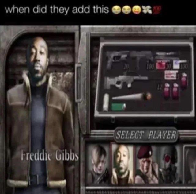 An edit of Resident Evil 4's The Mercenaries mode player select screen. It shows Freddie Gibbs as a playable character. A top caption reads, "when did they add this."
