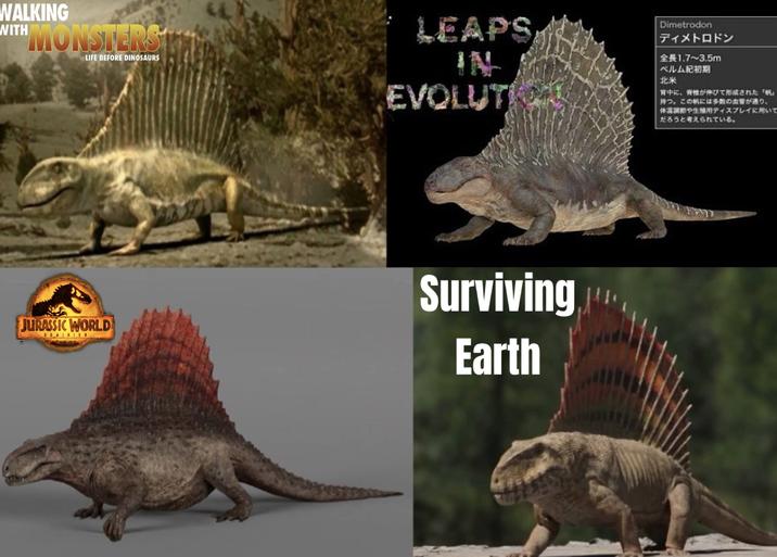 WALKING WITH MONSTERS LIFE BEFORE DINOSAURS LEAPS IN EVOLUTI Dimetrodon ディメトロドン £1.7-3.5m ペルム紀初期 北米 背中に、 脊椎が伸びて形成された 「帆」 持つ。この帆には多数の血管が通り、 体温調節や生殖用ディスプレイに用いて だろうと考えられている。 JURASSIC WORLD DOMINION Surviving Earth