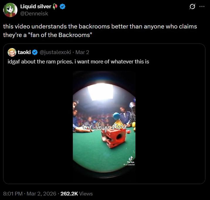 A post. It reads, "this video understands the backrooms better than anyone who claims they're a "fan of the Backrooms."