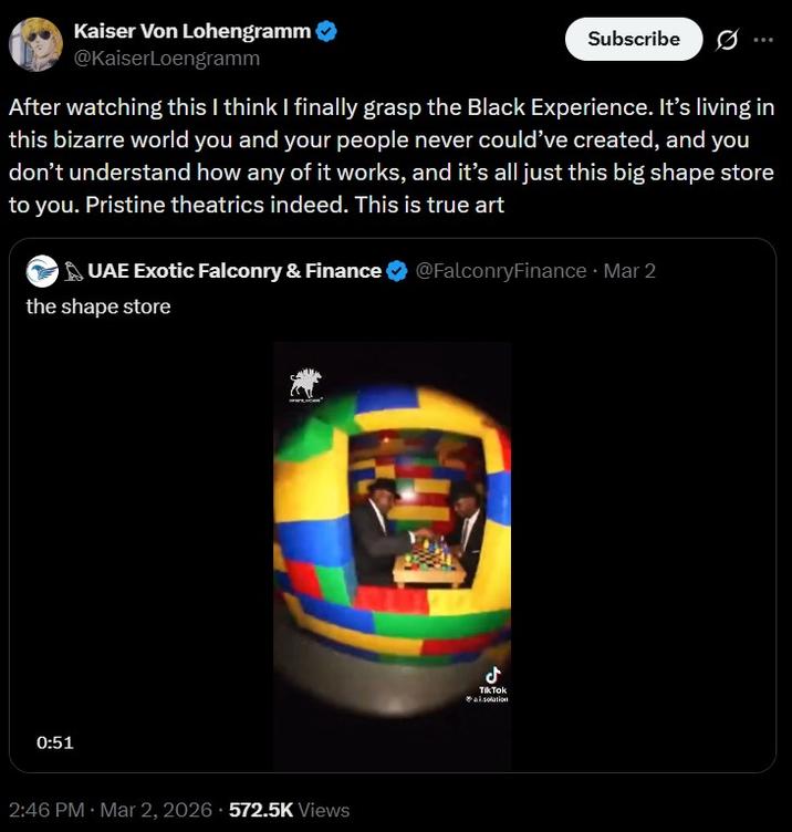 A post reacting to the Shape Store video. It reads, "After watching this I think I finally grasp the Black Experience. It’s living in this bizarre world you and your people never could’ve created, and you don’t understand how any of it works, and it’s all just this big shape store to you. Pristine theatrics indeed. This is true art."