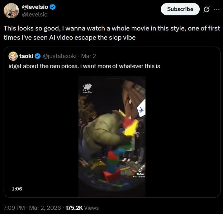 A reaction to The Shape Store. It reads, "This looks so good, I wanna watch a whole movie in this style, one of first times I've seen AI video escape the slop vibe."