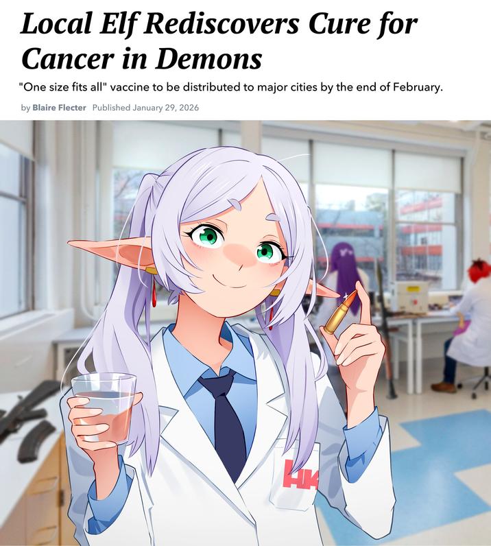 F Local Elf Rediscovers Cure for Cancer in Demons "One size fits all" vaccine to be distributed to major cities by the end of February. by Blaire Flecter Published January 29, 2026