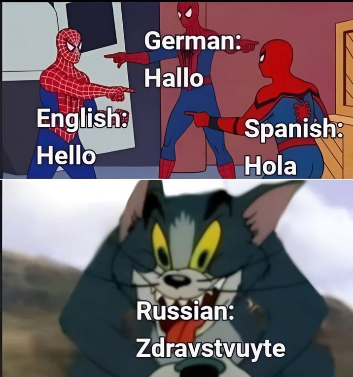 German: Hallo English: Spanish Hello Hola Russian: Zdravstvuyte