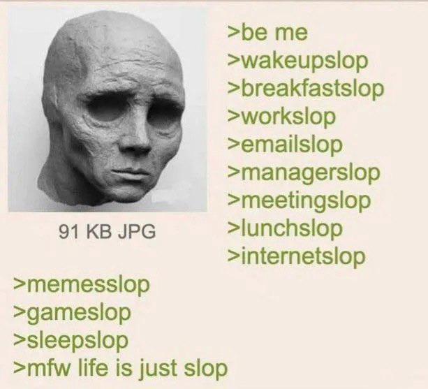 >be me >wakeupslop >breakfastslop >workslop >emailslop >managerslop >meetingslop 91 KB JPG >lunchslop >internetslop >memesslop >gameslop >sleepslop >mfw life is just slop