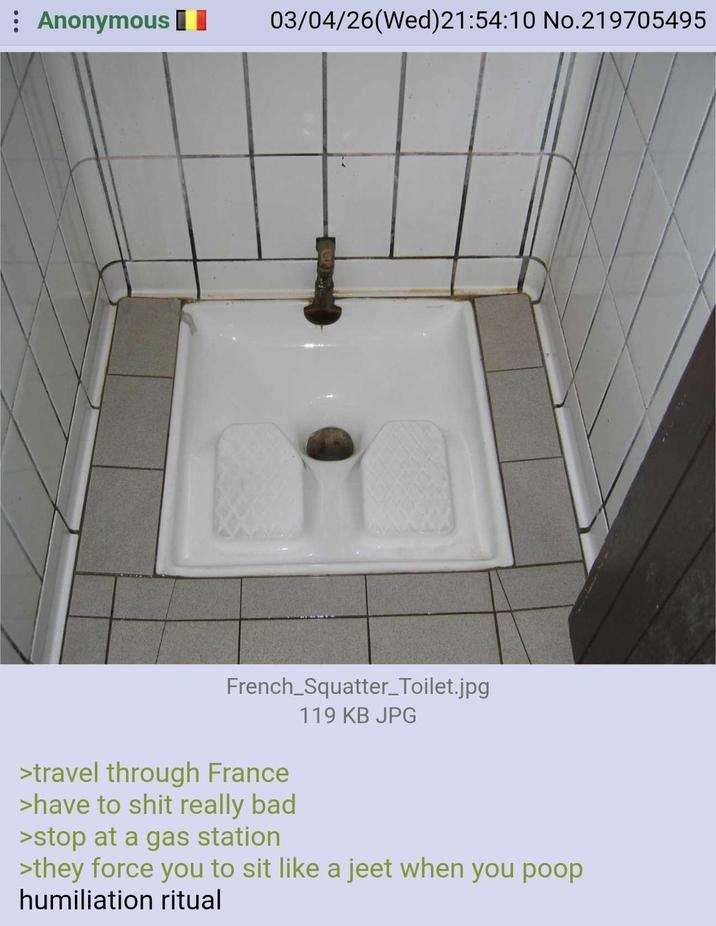 Anonymous 03/04/26(Wed) 21:54:10 No.219705495 French Squatter_Toilet.jpg >travel through France >have to s--- really bad >stop at a gas station 119 KB JPG >they force you to sit like a jeet when you poop humiliation ritual