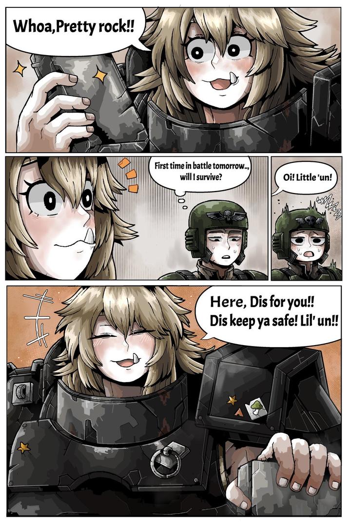 Whoa, Pretty rock!! First time in battle tomorrow.., will I survive? Oi! Little 'un! Here, Dis for you!! Dis keep ya safe! Lil' un!!