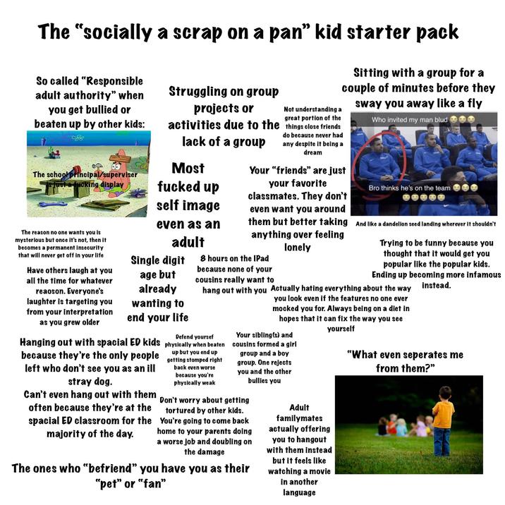 The "socially a scrap on a pan” kid starter pack Sitting with a group for a couple of minutes before they So called "Responsible adult authority" when you get bullied or beaten up by other kids: The school principal/superviser ust a f------ display Struggling on group projects or Not understanding a great portion of the sway you away like a fly activities due to the things close friends lack of a group Most do because never had any despite it being a dream Your "friends" are just your favorite classmates. They don't even want you around Who invited my man blud Bro thinks he's on the team them but better taking And like a dandelion seed landing wherever it shouldn't f----- up self image even as an adult 8 hours on the IPad because none of your anything over feeling lonely Trying to be funny because you The reason no one wants you is mysterious but once it's not, then it becomes a permanent insecurity that will never get off in your life Have others laugh at you all the time for whatever reaoson. Everyone's laughter is targeting you from your interpretation as you grew older Single digit age but already wanting to end your life cousins really want to thought that it would get you popular like the popular kids. Ending up becoming more infamous instead. hang out with you Actually hating everything about the way Defend yoursef Hanging out with spacial ED kids physically when beaten because they're the only people left who don't see you as an ill stray dog. Can't even hang out with them often because they're at the spacial ED classroom for the majority of the day. up but you end up getting stomped right back even worse because you're physically weak you look even if the features no one ever mocked you for. Always being on a diet in hopes that it can fix the way you see yourself Your sibling(s) and cousins formed a girl group and a boy group. One rejects you and the other bullies you Don't worry about getting tortured by other kids. You're going to come back home to your parents doing a worse job and doubling on the damage The ones who "befriend" you have you as their "pet" or "fan" Adult familymates actually offering you to hangout with them instead but it feels like watching a movie in another language "What even seperates me from them?"