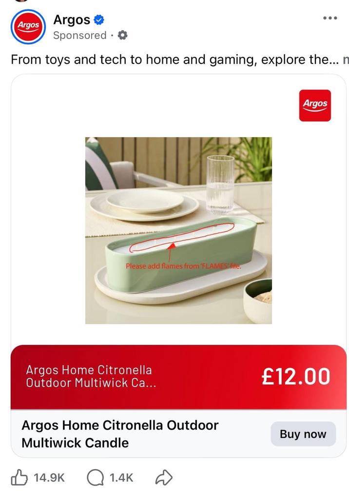 Argos Argos ❤ • Sponsored ⚫ From toys and tech to home and gaming, explore the... n Please add flames from 'FLAMES file. Argos Home Citronella Outdoor Multiwick Ca... Argos £12.00 Argos Home Citronella Outdoor Multiwick Candle 14.9K Q1.4K Buy now