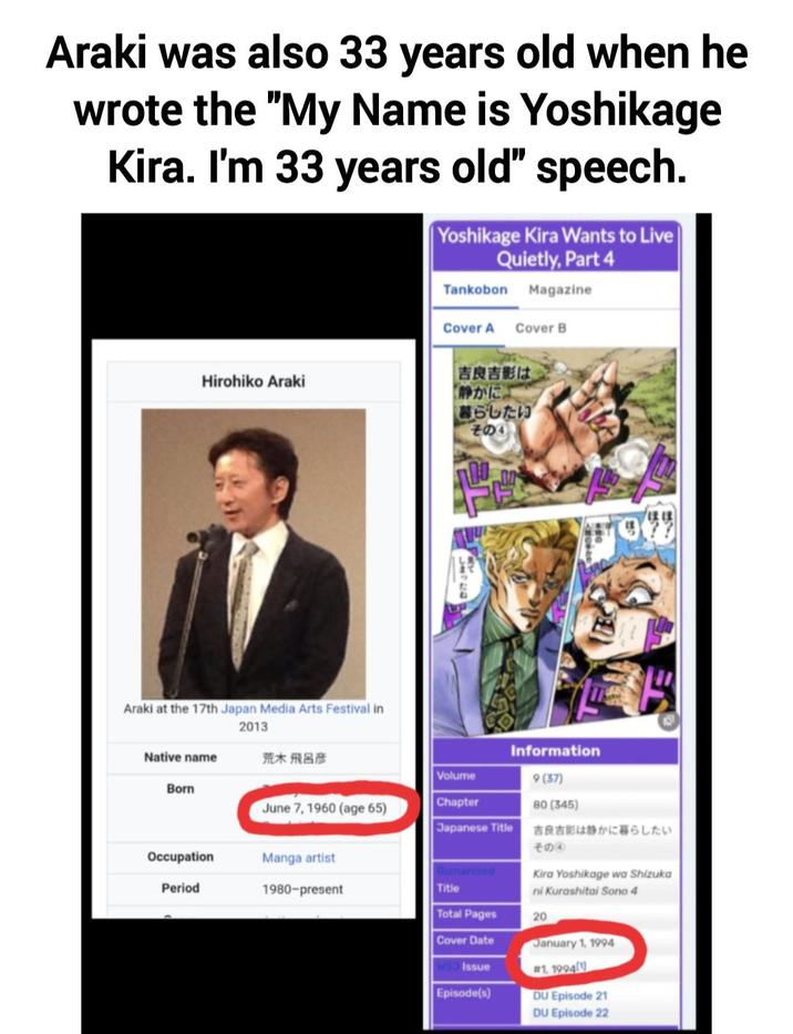 Araki was also 33 years old when he wrote the "My Name is Yoshikage Kira. I'm 33 years old" speech. Yoshikage Kira Wants to Live Quietly, Part 4 Tankobon Magazine Cover A Cover B 吉良吉影は Hirohiko Araki 「静かに 暮らしたい その4 Araki at the 17th Japan Media Arts Festival in しまったね! 2013 Native name 荒木飛呂彦 Born Information Volume 9(37) June 7, 1960 (age 65) Chapter 80 (345) Japanese Title Occupation Manga artist Period 1980-present Romanized Title Total Pages 20 吉良吉影は静かに暮らしたい その④ Kira Yoshikage wa Shizuka ni Kurashitai Sono 4 Cover Date Issue Episode(s) January 1, 1994 #1, 1994 DU Episode 21 DU Episode 22