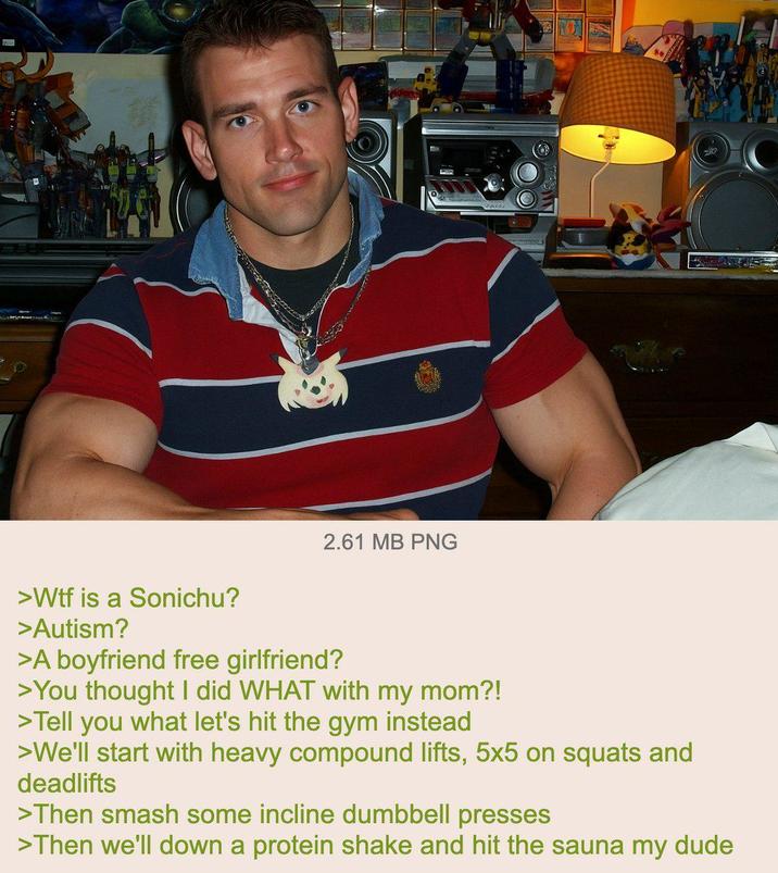 2.61 MB PNG 北 >W-- is a Sonichu? >Autism? >A boyfriend free girlfriend? >You thought I did WHAT with my mom?! >Tell you what let's---- the gym instead >We'll start with heavy compound lifts, 5x5 on squats and deadlifts >Then smash some incline dumbbell presses >Then we'll down a protein shake and hit the sauna my dude