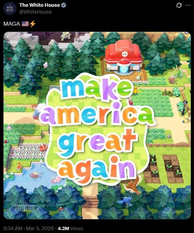 An image generated with the Pokopia logo generator by the White House. It reads, "make america great again."