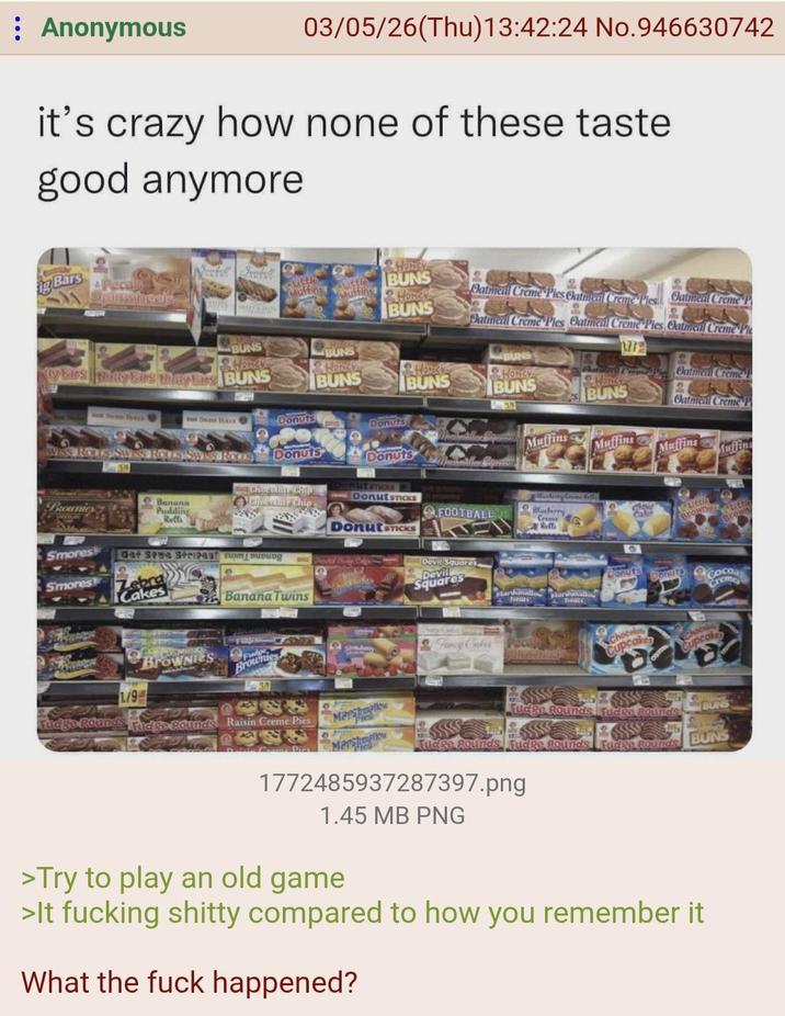 Anonymous 03/05/26(Thu)13:42:24 No.946630742 it's crazy how none of these taste good anymore ig Bars Pecal Spinwheels & HORICH uttle uttk BUNS Muffins Muffing Honey BUNS Oatmeal Creme Pics Oatmeal Creme Pies. Oatmeal Creme P BUNS BUNS & Honey My Ears Notty Ears thinly Ears BUNS BUNS Howe BUNS & HONEY BUNS Datmeal Creme Pies Oatmeal Creme Pies, Oatmeal Creme Ple Glam Com Oatmeal Creme P BUNS 177 Sww x Donuts Donuts WISS ROTS SWISS ROLLS SWISS ROLS Donuts Donuts Oatmeal Creme P Muffins Muffins Muffins Auffins Brownie Banana Pudding Rells Chocida Chito Cinecite Chip onutenca DonutsTICKS FOOTBALL DonutsTICKS Merry Creme Molde Blueberry Creme G Reffs love Cake Littin Own Bro Smores Get Stee Stripes sum buðung S'mores Zebra Cakes Banana Twins Brownies 9 Devil Squares Devill Squares Sittubarry Fancy Cakes runall Treats Donuts Donuts Marshunali Cocoa Creme Chocolate Cupcakes Socakes 1/9 Fudge Rounds Fudge Rounds Raisin Creme Pies Marshmallow Fudge Rounds Fudge Rounds BUNS Cosme Pies Marshmallow Fudge Rounds Fudge Rounds Fudge Rounds BUNS 1772485937287397.png 1.45 MB PNG >Try to play an old game >It f------ s----- compared to how you remember it What the f--- happened?