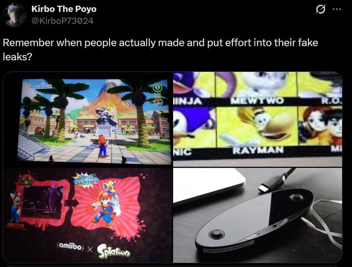 A tweet reacting to the Super Mario Titans leak allegations. It reads, "Remember when people actually made and put effort into their fake leaks?"