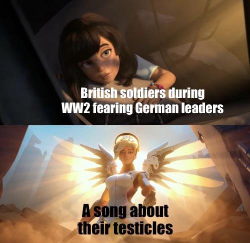 British soldiers during WW2 fearing German leaders A song about their testicles