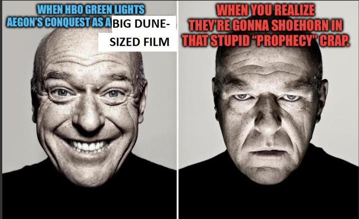 WHEN HBO GREEN LIGHTS AEGON'S CONQUEST AS A BIG DUNE- SIZED FILM WHEN YOU REALIZE THEY'RE GONNA SHOEHORNIN THAT STUPID "PROPHECY CRAP