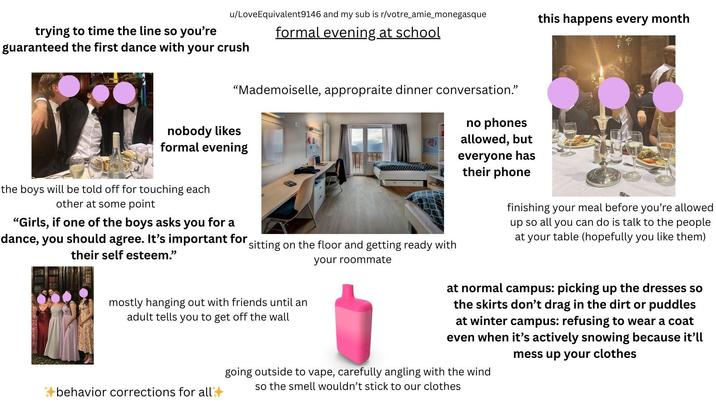 u/LoveEquivalent9146 and my sub is r/votre_amie_monegasque this happens every month trying to time the line so you're guaranteed the first dance with your crush formal evening at school "Mademoiselle, appropraite dinner conversation." nobody likes formal evening the boys will be told off for touching each other at some point "Girls, if one of the boys asks you for a dance, you should agree. It's important for their self esteem." sitting on the floor and getting ready with your roommate no phones allowed, but everyone has their phone finishing your meal before you're allowed up so all you can do is talk to the people at your table (hopefully you like them) mostly hanging out with friends until an adult tells you to get off the wall behavior corrections for all at normal campus: picking up the dresses so the skirts don't drag in the dirt or puddles at winter campus: refusing to wear a coat even when it's actively snowing because it'll mess up your clothes going outside to vape, carefully angling with the wind so the smell wouldn't stick to our clothes